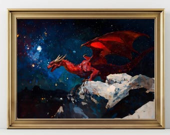 Celestial Red Dragon Print - Dark Academia Gothic Wall Decor