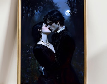 Gothic Victorian Couple Art Print • Dark Romance Wall Art • Moonlit Lovers Painting • Vintage Gothic Home Decor