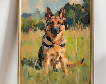 German Shepherd Painting, Shepherd Dog Wall Art, Dog Portrait Art Print, Rustic Farm Dog Artwork, Impressionist Animal Painting