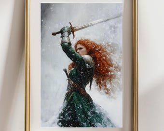 Redheaded Warrior Woman Art Print – Snowy Fantasy Female Knight Wall Art, Medieval Sword Fight Illustration, Heroine Decor