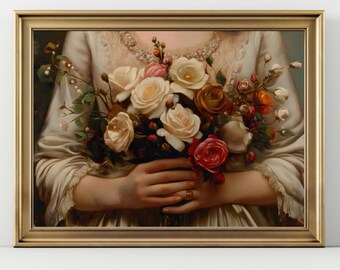Impression d'art vintage femme tenant des fleurs, bouquet de fleurs romantique, tableau, décoration murale féminine de style Renaissance