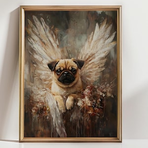 Angel Pug Wall Art Print Winged Dog Portrait, Cute Pug Memorial Art, Heavenly Pet Decor, Dog Lover Sympathy Gift