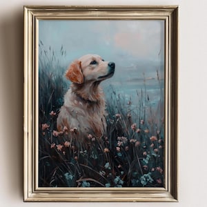 Golden Retriever Art Print – Dog Wall Decor in Wildflowers, Peaceful Pet Portrait, Nature Animal Lover Gift, Cozy Cottagecore Art
