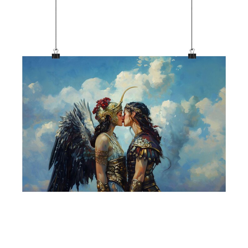 May include: Two figures, one with feathered wings and a golden helmet, the other in armor, are kissing against a backdrop of fluffy white clouds and a blue sky.