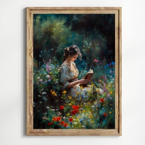 Lámina de arte victoriano libresco, Mujer leyendo un libro, Flores silvestres de la Academia Oscura, Arte para amantes de los libros, Arte de biblioteca, Librero