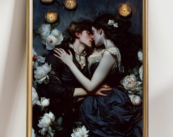 May include: A framed print of a romantic scene. A couple embraces and kisses amidst white flowers and lit candles. The man wears a black jacket and the woman a dark blue dress. The artwork has a vintage aesthetic with a gold frame.