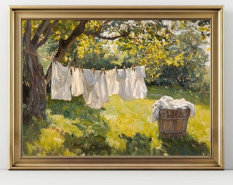 Country Clothesline Wall Art Print, Rustic Farmhouse Painting, Cottagecore Laundry Day Artwork, Vintage Countryside Home Decor