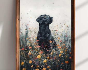 Moody Dark Wildflower hunting dog Print Vintage Wildflower Painting Black Labrador Dog Wall Art Print Floral Cottagecore Landscape Farmhouse