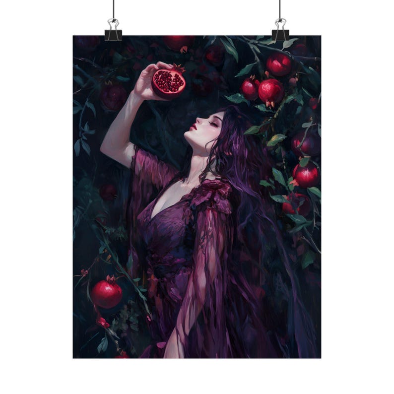 Dark Feminine Art Print – Gothic Woman with Pomegranate, Persephone Myth Wall Decor, Witchy Aesthetic Art for Dark Academia afbeelding 7