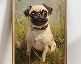 May include: A framed oil painting of a pug dog sitting in tall grass. The dog has a tan coat with black markings on its ears and muzzle. It wears a black collar. The background features green and yellow grass with a soft, blurred effect.