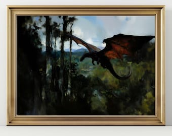 Flying Dragon Art Print – Dark Fantasy Dragon Painting, Mythical Creature Wall Art, Epic Fantasy Landscape Decor