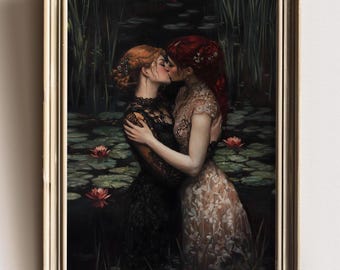 Gothic Lesbian Romance Wall Art – Dark Fairycore Kiss Print, Moody WLW Lovers Painting, Queer Love Aesthetic Decor Gift