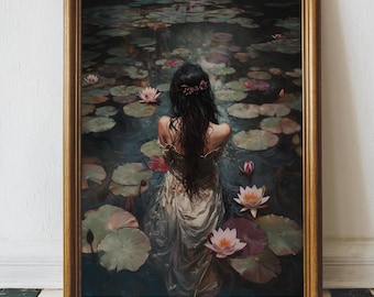 Ophelia Dark Academia Print - The Lake, Goth Moody Victorian Wall Art, Dark Decor Aesthetic, Dark Cottagecore, Gothic Prints into lake