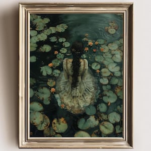 Ophelia Dark Academia Print - The Lake, Goth Moody Victorian Wall Art, Dark Decor Aesthetic, Dark Cottagecore, Gothic Prints into lake