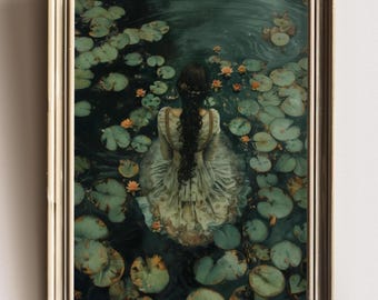 Ophelia Dark Academia Print - The Lake, Goth Moody Victorian Wall Art, Dark Decor Aesthetic, Dark Cottagecore, Gothic Prints into lake