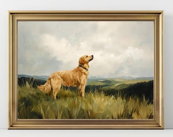 May include: A framed painting of a golden retriever standing in a field of tall grass, looking upwards. The dog has a black collar. The background features rolling green hills and a cloudy sky. The frame is gold.