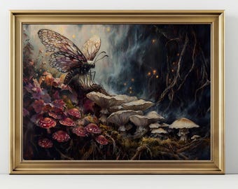 Golden Moth Girl Art Print, Elegant Botanical Insect Decor (8.5x11