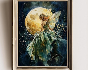 Fairy Moon Art Print - Whimsical Forest Fairy Wall Decor - Magical Night Fairycore Aesthetic Poster