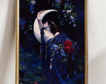 May include: A framed art print depicts a woman in a flowing blue gown, reaching towards a crescent moon. The artwork features a dark, moody color palette with red roses and floral accents, evoking a romantic and classical aesthetic.