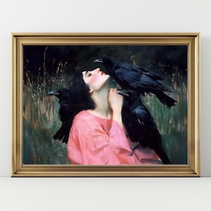 Woman with Ravens Art Print – Dark Feminine Wall Art, Gothic Nature Decor, Surreal Raven Painting, Mystical Portrait, Modern Witch Aesthetic