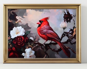 Red Cardinal Wall Art Print – Vibrant Bird Painting with Roses and Blossoms Forestcore Cottagecore