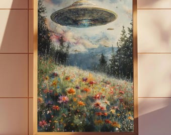 UFO Surreal Art Print,Wildflower Meadow, Eclectic Wall Art,  Floral Cottagecore Landscape Funny Altered Art Print UFO Wall Alien Art Print