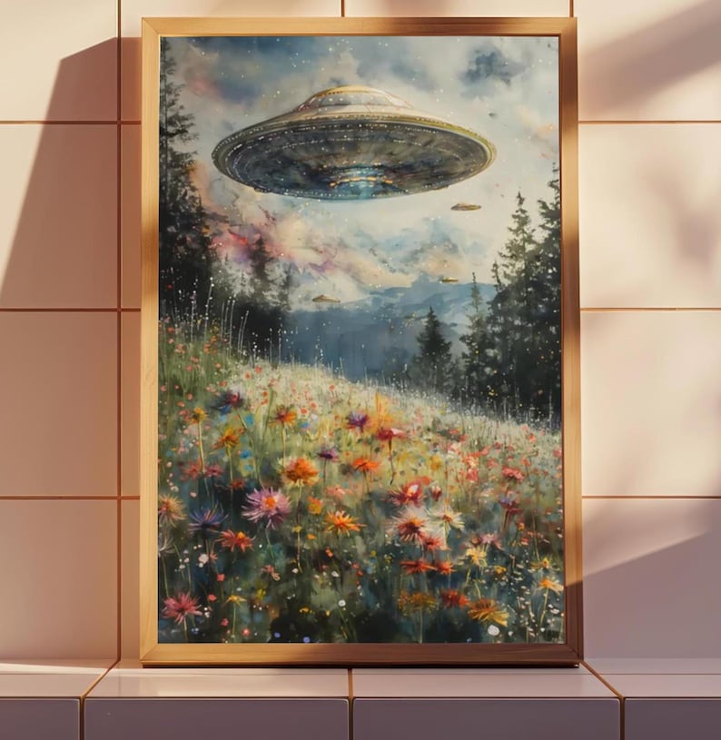 UFO Surreal Art Print,Wildflower Meadow, Eclectic Wall Art, Floral Cottagecore Landscape Funny Altered Art Print UFO Wall Alien Art Print image 1