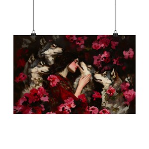 Woman and Wolves Art Print, Dark Romantic Wolf Wall Art, Fantasy Portrait Poster Bild 8