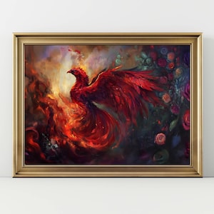 Fiery Phoenix Art Print – Fantasy Bird Wall Decor, Fire Bird Poster, Mythical Creature Painting, Rebirth Symbol Home Art
