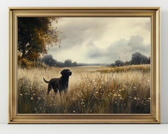 Black Labrador Meadow Print Country Dog Wall Art, Rustic Farm Landscape Painting, Fall Pet Lover Gift, Golden Field Home Decor