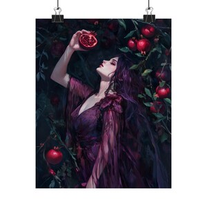 Dark Feminine Art Print – Gothic Woman with Pomegranate, Persephone Myth Wall Decor, Witchy Aesthetic Art for Dark Academia afbeelding 5