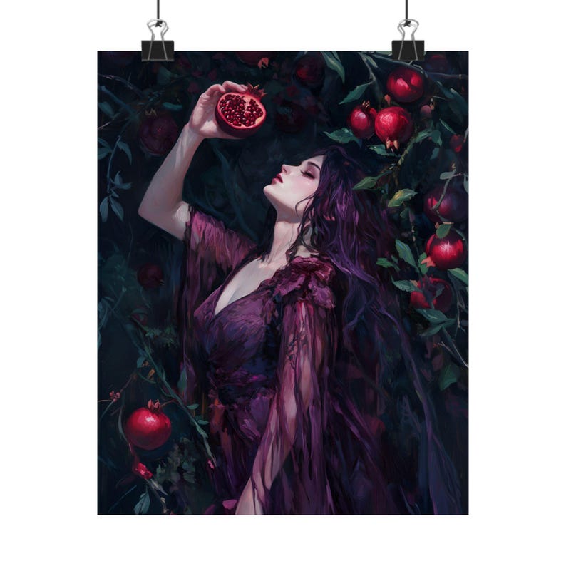 Dark Feminine Art Print – Gothic Woman with Pomegranate, Persephone Myth Wall Decor, Witchy Aesthetic Art for Dark Academia afbeelding 5