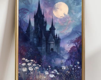 Gothic Castle Moonlight Print – Dark Fairytale Fantasy Wall Art – Enchanted Forest Castle Painting – Mystical Home Decor