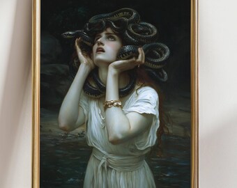 May include: A framed print of a classical painting depicting a woman with snakes for hair. The woman wears a white dress and looks upward with a concerned expression. The artwork is set against a dark, moody background with water.