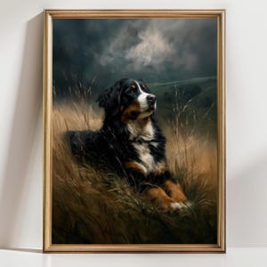 Bernese Mountain Dog Meadow Portrait Print, Moody Rustic Dog Wall Art