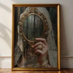 Mirror - Victorian Art Poster Print moody Painting, vintage woman Print, victorian decor wall art, dark moody antique art Print, lace Pearls