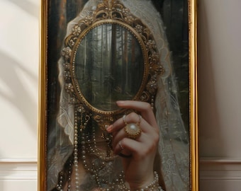 Mirror - Victorian Art Poster Print moody Painting, vintage woman Print, victorian decor wall art, dark moody antique art Print, lace Pearls