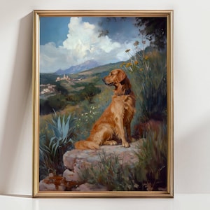 Golden Retriever Landscape Art Print, Countryside Dog Wall Decor, Rustic Pastoral Scene, Dog Lover Gift for Home or Office