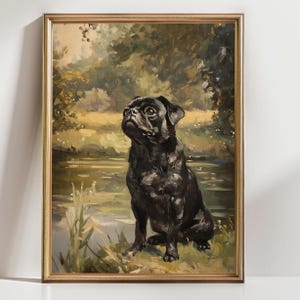 Black Pug Dog Art Print Regal Pet Portrait by Water in Nature Setting black pug wall art, pug dog painting, dog lover gift pug in nature art