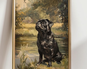 Black Pug Wall Art, Regal Pet Portrait Print, Vintage Dog Painting Poster