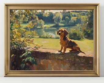 Dachshund Landscape Wall Art Print, Sausage Dog Lake Painting, Dachshund Lover Gift, Wiener Dog Artwork, Countryside Dog Wall Decor