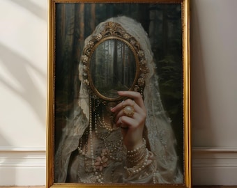 Lámina artística de mujer victoriana melancólica y oscura - Decoración de pared antigua de estilo vintage, pintura alterada, retrato gótico en espejo para una estética clásica del hogar.