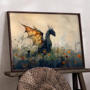 Dragon Watercolor Art Horizontal Poster Print fantasy art forest and a dragon Fantasy Painting, Watercolor illustration Dark Academia