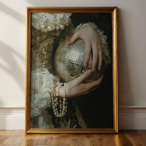 Victorian Art altered Print moody Painting, vintage Disco Ball Print, victorian decor wall art, dark moody antique art Print, lace, Pearls