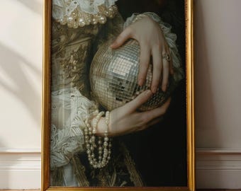 Victorian Art altered Print moody Painting, vintage Disco Ball Print, victorian decor wall art, dark moody antique art Print, lace, Pearls