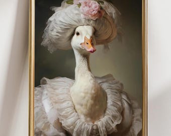 Whimsical Goose Portrait - Victorian Dress, Quirky Cottage Wall Decor