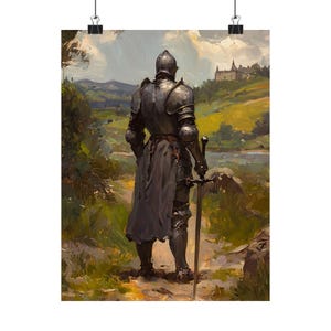 Medieval Knight Wall Art – Warrior in Armor with Sword, Fantasy Castle Landscape Painting, Chivalry Gothic Home Decor Print image 8