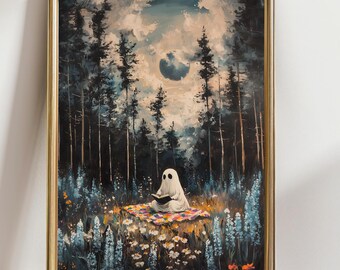 Bookish Whimsical Ghost in Forest Art Print – Spooky Floral Ghost Wall Art, Halloween Decor, Full Moon Painting, Autumn Cottagecore