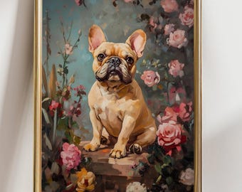 May include: A framed painting of a French Bulldog sitting amidst pink roses and greenery. The dog has tan fur and large, upright ears. The artwork has a vintage, painterly style with a gold frame, suitable for home decor.