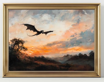 Flying Dragon Sunset Wall Art, Fantasy Landscape Painting, Dark Academia Dragon Print, Epic Sky Artwork